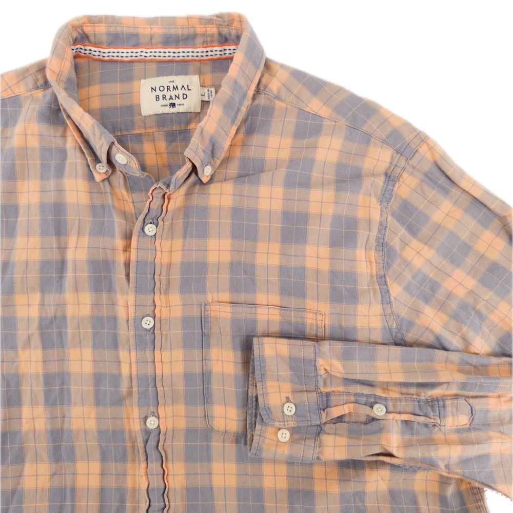 The Normal Brand Mens L Puremeso Button Down Shirt Orange Grey Plaid Check Gorp